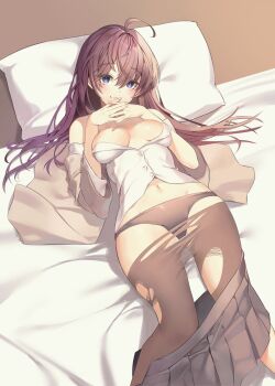 1girl ahoge aile_(crossroads) bare_shoulders bed_sheet black_panties black_pantyhose blue_eyes blush breasts breasts_apart brown_hair brown_jacket brown_skirt closed_mouth clothes_pull commentary_request dress_shirt hair_between_eyes highres ichinose_shiki idolmaster idolmaster_cinderella_girls interlocked_fingers jacket long_hair looking_at_viewer lying medium_breasts off_shoulder on_back open_clothes open_jacket panties pantyhose pantyhose_pull partially_unbuttoned pillow pleated_skirt revision shirt skirt skirt_pull smile solo torn_clothes torn_pantyhose underwear white_shirt