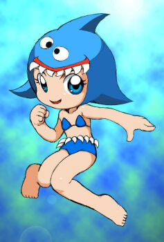 1girl animal_hat barefoot bikini blue_bikini blue_eyes blue_hat bubble collarbone flat_chest hat jumping kuromitsu_(kurono) loli looking_at_viewer open_mouth princesas_do_mar shark_girl shark_hat shark_tooth smile swimsuit tubarina_(princesas_do_mar) underwater water