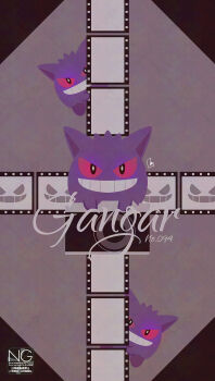 camera colored_sclera film_strip gen_1_pokemon gengar ghost grin highres looking_at_viewer meme_(sleepsheep) nintendo no_humans open_mouth pokemon pokemon_(creature) pokemon_focus red_eyes red_sclera smile teeth