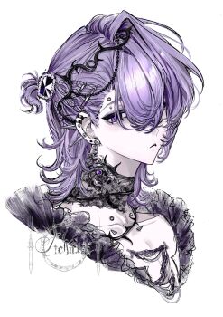 Rule 34 | 1boy, :<, absurdres, artist request, beads, blue gem, braid, chinese commentary, collarbone piercing, commentary request, commission, corset piercing, cropped head, earrings, eyebrow piercing, face piercing, gem, hair between eyes, hair ornament, hair pulled back, hairclip, half updo, highres, jewelry, lace collar, lace trim, looking at viewer, male focus, medium hair, necklace, original, piercing, purple eyes, purple hair, scorpion, second-party source, solo, watermark