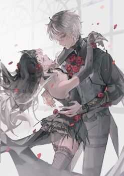 Rule 34 | absurdres, ada mesmer, ada mesmer (everlasting night), arms around neck, black bridal gauntlets, black dress, black hair, black pants, black thighhighs, black veil, black vest, bridal gauntlets, bu gu niao cuckoo, chinese commentary, closed eyes, commentary request, couple, detached collar, dress, elbow gloves, emil (identity v), emil (luminary) (identity v), fishnet thighhighs, fishnets, floating hair, floral print, flower, gloves, grey eyes, hetero, highres, identity v, jewelry, leaning back, long hair, long sleeves, looking at another, multicolored hair, painterly, pants, petals, puffy sleeves, red flower, red lips, red rose, ring, rose, rose petals, rose print, short hair, strapless, strapless dress, thighhighs, three-quarter sleeves, train (clothing), veil, vest, wedding ring, white hair