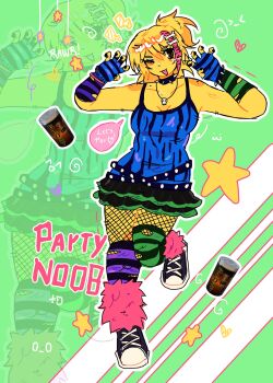 arm_warmers bloxy_cola bone_hair_ornament breasts cleavage colored_skin fingerless_gloves fishnets forsaken_(roblox) gloves hair_ornament highres leg_warmers missaliasalias noob_(roblox) one_eye_closed ponytail raccoon_tails_(hairstyle) roblox scene_fashion shoes sneakers tank_top thighhighs yellow_skin