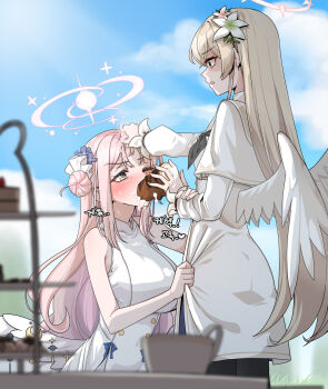 2girls angel_wings angry bare_arms bare_shoulders blonde_hair blue_archive blue_sky blurry blurry_foreground blush breasts buttons cake capelet clenched_teeth clothes_grab cloud commentary_request cup day depth_of_field double-breasted dress feathered_wings feeding flower food force-feeding grabbing_another's_hair hair_bun hair_flower hair_ornament halo highres holding_another's_hair holding_another's_wrist korean_commentary large_breasts lily_(flower) long_hair long_sleeves low_wings mika_(blue_archive) multiple_girls nagisa_(blue_archive) one_eye_closed outdoors pink_hair pink_halo roan_green sexually_suggestive shaded_face single_side_bun sky sleeveless sleeveless_dress sweat swiss_roll teacup teeth tiered_tray white_capelet white_dress white_wings wince wings yellow_eyes