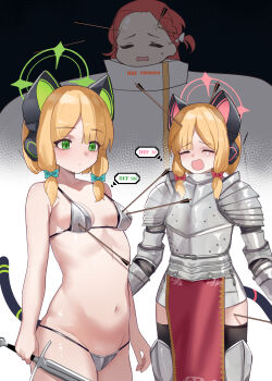 3girls absurdres animal_ear_headphones animal_ears armor arrow_(projectile) arrow_in_body bare_arms bare_shoulders bikini bikini_armor black_thighhighs blonde_hair blue_archive blue_bow blush bow breastplate breasts cat_ear_headphones cat_ears cat_tail closed_eyes closed_mouth crying donggua_bing_cha dot_mouth fake_animal_ears fake_tail forehead full_armor gauntlets green_bow green_eyes green_halo hair_bow halo headphones highres holding holding_sword holding_weapon leg_armor loli low_twintails midori_(blue_archive) momoi_(blue_archive) multiple_girls navel open_mouth pauldrons pelvic_curtain red_bow red_hair red_halo short_hair shoulder_armor siblings sisters small_breasts stomach sweatdrop swimsuit sword tail tears thighhighs thighs twins twintails weapon yuzu_(blue_archive)