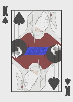 1girl blue_bow bolos bow capelet card dress grey_hair hair_bobbles hair_ornament king_(playing_card) king_of_spades long_sleeves marionette playing_card pointy_ears puppet puppet_strings red_capelet red_dress shinki_(touhou) side_ponytail spade_(shape) sweater touhou touhou_(pc-98) turtleneck white_sweater