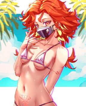 1girl arm_behind_back armpit_crease bikini bikini_pull blonde_hair blue_sky blurry blurry_background border breasts breasts_apart clothes_pull cloud cloudy_sky collarbone colored_inner_hair commentary covered_erect_nipples cowboy_shot ear_piercing earrings english_commentary enma_(enmanuelart) eyelashes gradient_eyes groin hand_up highres jewelry light_particles long_hair looking_at_viewer mask medium_breasts micro_bikini mouth_mask multicolored_eyes multicolored_hair navel orange_hair orange_nails original outline piercing pubic_tattoo purple_bikini purple_eyes purple_outline skindentation sky solo summer swimsuit tattoo two-tone_hair wet white_border