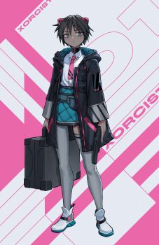 1girl absurdres arms_at_sides asymmetrical_legwear black_bodysuit black_coat black_hair black_trim blue_bag blue_coat blue_eyes blue_shoes blue_skirt bodysuit bodysuit_under_clothes briefcase buttons character_name closed_mouth coat collared_shirt colored_shoe_soles commentary dark-skinned_female dark_skin diagonal-striped_clothes diagonal-striped_necktie dot_nose double-parted_bangs down_jacket drawstring dress_shirt english_commentary english_text eyebrows_hidden_by_hair fanny_pack furrowed_brow grey_eyes grey_thighhighs gun hair_between_eyes hair_ornament half-closed_eyes handgun high-waist_skirt high_collar high_tops highres holding holding_briefcase holding_gun holding_weapon hood hood_down hooded_coat invisible_floor jacket left-handed legs_apart light_blush long_eyelashes looking_at_viewer miniskirt narrowed_eyes necktie open_clothes open_coat original pink_background pink_necktie pink_trim pocket quilted_jacket quilted_skirt science_fiction shirt shirt_tucked_in shoe_strap shoes short_hair short_necktie sidelocks skindentation skirt sneakers solo spiked_hair standing striped_clothes text_background thick_eyelashes thighhighs thighs two-sided_coat two-sided_fabric two-tone_background v-shaped_eyebrows vertigris weapon white_background white_shirt white_shoes wide_sleeves wing_collar zettai_ryouiki