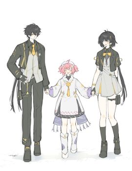 Rule 34 | .osari, 1boy, 2girls, adoptive parent and adoptive child, aemeath (wuthering waves), aged down, ahoge, artist name, black hair, black jacket, black pants, black shirt, closed eyes, closed mouth, commentary, dress, english commentary, father and daughter, female rover (perpetual spark) (wuthering waves), female rover (wuthering waves), grey dress, grey vest, highres, jacket, long hair, low ponytail, male rover (perpetual spark) (wuthering waves), male rover (wuthering waves), mother and daughter, multiple girls, necktie, official alternate costume, open mouth, pants, pink hair, ponytail, rover (wuthering waves), shirt, simple background, smile, vest, white background, white dress, wuthering waves, yellow eyes, yellow necktie