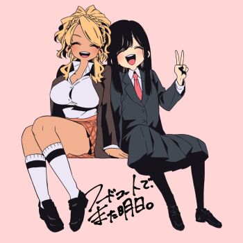 2girls arm_support black_hair black_jacket black_pantyhose black_shoes black_skirt blazer blonde_hair breasts brown_jacket closed_eyes collared_shirt commentary_request facing_viewer food_court_de_mata_ashita gyaru hand_up invisible_chair jacket large_breasts loafers long_hair long_sleeves multiple_girls nariie_shin&#039;ichirou necktie open_clothes open_jacket open_mouth orange_skirt pantyhose pink_background plaid_clothes plaid_skirt pleated_skirt red_necktie shirt shoes simple_background sitting skirt smile socks tan teeth translation_request upper_teeth_only v wada_(food_court) white_shirt white_socks yamamoto_(food_court)