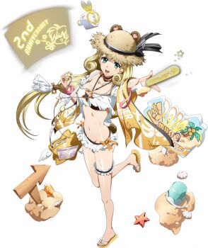 1girl :d animal_ears bag beach bear_ears bikini black_ribbon blonde_hair breasts bucket choker clam_shell cleavage earbuds earphones fake_tail floating floating_object frilled_bikini frilled_thigh_strap frills full_body game_cg glowstick green_eyes handbag hat hat_ribbon hat_with_ears holding holding_earbud holding_glowstick jewelry langrisser langrisser_mobile langrisser_v leg_up legs long_hair looking_at_viewer looking_up low-tied_long_hair medium_breasts navel necklace necklace_between_breasts official_alternate_costume official_art open_mouth orange_ribbon projector projector_screen rachel_(langrisser) removing_earbuds ribbon sand sandals seashell shell sign simple_background smile solo standing standing_on_one_leg starfish stomach straw_hat swimsuit tachi-e tail thigh_strap third-party_source towel towel_writing transparent_background very_long_hair wet white_bikini writing