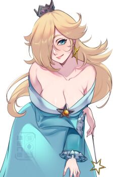 1girl alternate_breast_size_(larger) bare_shoulders beneceadraws blonde_hair blue_dress blue_eyes blush breasts brooch cleavage closed_mouth collarbone crown dress earrings grey_crown hair_over_one_eye holding holding_wand jewelry large_breasts long_hair long_sleeves looking_at_viewer mario_(series) nintendo off-shoulder_dress off_shoulder rosalina silver_crown simple_background smile solo star_(symbol) star_brooch star_earrings star_wand wand