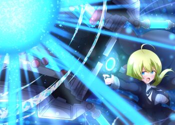 Rule 34 | 1girl, ahoge, amano soraha, assault lily, baichi (ph4yvfsqyynkhnv), black cape, black ribbon, black skirt, blonde hair, blue background, blue eyes, blush, breasts, buttons, cape, commentary, cropped jacket, energy, firing, floating cape, floating hair, frilled skirt, frills, hand up, high-waist skirt, highres, holding, holding weapon, juliet sleeves, large breasts, light particles, long hair, long sleeves, looking ahead, low ponytail, lower teeth only, neck ribbon, open mouth, outstretched arm, ponytail, puffy sleeves, ribbon, school uniform, shirt, skirt, solo, standing, teeth, upper body, v-shaped eyebrows, weapon, white shirt, yurigaoka girls academy school uniform