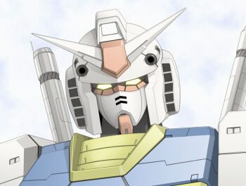 Rule 34 | cloud, cloudy sky, glowing, glowing eyes, gun, gundam, looking at viewer, machine gun, mecha, mecha focus, mobile suit, mobile suit gundam, nagi-kaze, no humans, portrait, realistic, robot, rx-78-2 gundam, science fiction, sky, upper body, v-fin, weapon, yellow eyes