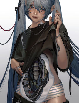 1girl absurdres android black_shirt blue_eyes blue_hair bracelet cable chain chain_necklace closed_mouth clothes_lift clothes_pull hair_between_eyes hair_ribbon hatsune_miku highres jewelry lifting_own_clothes lips long_hair looking_at_viewer mikasamu nail_polish necklace panties pants pants_pull piercing ribbon ring shirt shirt_lift simple_background solo striped_clothes striped_panties twintails underwear vocaloid white_background wire