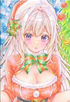 1girl :o blush bow bowtie breasts christmas_ornaments cleavage cleavage_cutout clothing_cutout commentary_request double-parted_bangs green_bow green_bowtie hair_bow hair_intakes hananagi_honoka hat highres large_breasts long_hair looking_at_viewer marker_(medium) original parted_lips purple_eyes red_shirt santa_costume santa_hat shirt solo striped_bow striped_bowtie striped_clothes traditional_media upper_body white_hair