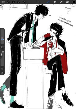 2boys art_tools_in_frame black_hair black_jacket black_pants blue_necktie collared_shirt crossed_legs cup glasses gloves hair_slicked_back highres holding holding_cup jacket jacket_on_shoulders male_focus michael_roa_valdamjong multiple_boys necktie pants red_eyes red_gloves red_necktie rong301718 shirt short_hair sitting talking tohno_shiki tsukihime tsukihime_(remake) vampire white_shirt