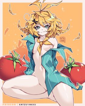 1girl aqua_shirt blonde_hair blue_eyes breasts commentary covered_erect_nipples dokibird english_commentary fang feather_hair feathers highres indie_virtual_youtuber katsuyakku legs looking_at_viewer messy_hair navel neckerchief open_clothes open_shirt orange_neckerchief shirt sitting skin_fang small_breasts smile thick_thighs thighs tomato virtual_youtuber