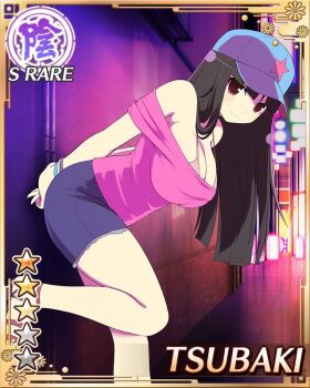 1girl against_wall arms_behind_back baseball_cap black_hair blue_hat border bra bra_peek breasts card_(medium) casual character_name cityscape cleavage closed_mouth denim denim_skirt english_text game_cg hat hime_cut large_breasts leaning_forward long_hair looking_at_viewer neon_lights official_alternate_costume official_art pencil_skirt pink_bra pink_shirt red_eyes senran_kagura senran_kagura_new_wave shirt skirt sleeveless sleeveless_shirt smile solo standing standing_on_one_leg star_(symbol) star_print tsubaki_(senran_kagura) underwear