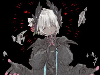 1girl an_fyhx arknights bird_girl black_background black_feathers black_gloves blush closed_eyes commentary_request dark-skinned_female dark_skin extra_arms feathers fish flower gloves grey_hair gun hair_flower hair_ornament head_wings heart jacket multicolored_gloves open_mouth pink_gloves raidian_(arknights) short_hair simple_background solo teeth two-tone_gloves upper_teeth_only weapon wings