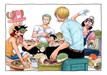 5boys antlers bandana bandana_around_arm black_hair black_pants blank_eyes blonde_hair chabo_(niwatori_bosori) chestnut commentary cross gloves hair_over_one_eye haramaki hat hedgehog highres holding holding_knife horns knife long_nose male_focus monkey_d._luffy multiple_boys on_shoulder one_piece overalls pants pink_hat reindeer_antlers roronoa_zoro sanji_(one_piece) shirt sleeveless sleeveless_shirt smile straw_hat sweatdrop tony_tony_chopper usopp v-shaped_eyebrows white_gloves