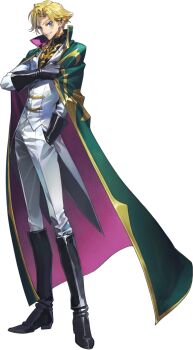 1boy black_boots black_gloves black_shirt blonde_hair blue_eyes boots cape code_geass code_geass:_genesic_re;code cropped_torso from_side full_body gino_weinberg gloves green_cape grin hair_intakes hand_on_own_hip happy high_collar highres jacket knights_of_the_round_uniform long_sleeves looking_at_viewer male_focus military_uniform salute shirt short_hair sidelocks simple_background smile solo standing teeth transparent_background two-sided_cape two-sided_fabric upper_body white_jacket