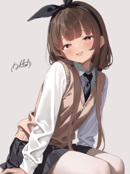 1girl absurdres black_skirt blush bow brown_eyes brown_hair brown_vest hair_bow hairband highres ikuma_yamashita necktie original pantyhose school_uniform signature sitting skirt smile vest white_background white_pantyhose