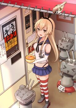 1girl animal bird black_neckerchief black_panties blonde_hair blue_sailor_collar blue_skirt blush bowl crop_top elbow_gloves food gloves hair_between_eyes highleg highleg_panties hitakikan holding holding_bowl kantai_collection long_hair navel neckerchief noodles open_mouth panties pleated_skirt rensouhou-chan rudder_footwear sailor_collar school_uniform serafuku shimakaze_(kancolle) skirt sleeveless smile solo sparrow striped_clothes striped_thighhighs thighhighs udon underwear white_gloves yellow_eyes