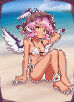 1girl animal_ears ankle_flower bare_shoulders barefoot beach bikini bird_ears blue_nails blue_sky blush breasts brown_hat carbohydrate_(asta4282) cloud commentary_request commission earrings feathered_wings fingernails flower gold_earrings hat heart highres jewelry knees_up long_fingernails long_toenails medium_breasts medium_hair mystia_lorelei nail_polish ocean pink_hair sharp_toenails sitting sky smile solo swimsuit tan toenail_polish toenails touhou watermark white_bikini wing_hat_ornament wings yellow_eyes