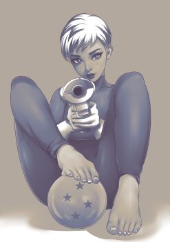 1girl barefoot bodysuit cheelai dragon_ball dragon_ball_(object) dragon_ball_super energy_gun feet highres looking_at_viewer monochrome mozartav ray_gun short_hair smile weapon