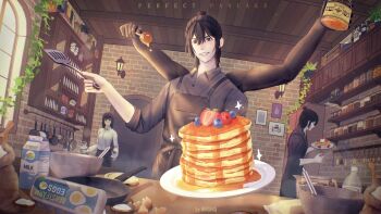 Rule 34 | 2boys, absurdres, aiko (shadow slave), apron, black apron, black shirt, bottle, bowl, brick wall, butter, chopsticks, collared shirt, dual persona, dutch angle, egg (food), extra arms, food, frying pan, grin, hair bun, highres, holding, holding plate, holding spatula, honey, indoors, jar, kitchen, looking at viewer, male focus, milk, multiple boys, pancake, pancake stack, plant, plate, rinshiq, shadow slave, shirt, sleeves rolled up, smile, spatula, sunny (shadow slave), upper body, vines, wall lamp