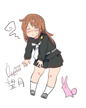 Rule 34 | 1girl, absurdres, belt, black serafuku, black skirt, blush, brown hair, character name, closed eyes, closed mouth, crescent pin, dated, glasses, grey belt, grey footwear, highres, inica, kantai collection, long hair, mochizuki (kancolle), neckerchief, one-hour drawing challenge, rabbit, school uniform, semi-rimless eyewear, serafuku, signature, skirt, socks, sweatdrop, under-rim eyewear, white background, white neckerchief, white socks