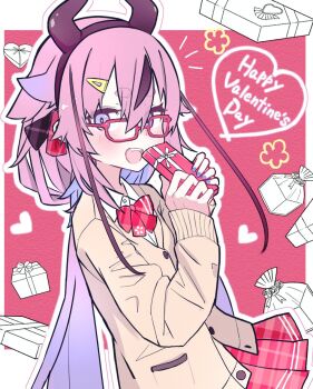 Rule 34 | 1other, :d, alternate costume, black horns, blue eyes, blue hair, blue nails, blush, border, bow, bowtie, box, brown cardigan, brown streaks, cardigan, collared shirt, colored inner hair, commentary, fake horns, fang, gift, gift box, glasses, gradient hair, gynoid talk, hair between eyes, hair flaps, hair ornament, hairband, hairclip, happy valentine, heart, highres, holding, holding box, holding gift, horn hairband, horns, long hair, long sleeves, looking at viewer, low twintails, meika hime, meika hime (gynoid talk), multicolored hair, nail polish, notice lines, open mouth, outline, outside border, pink hair, plaid bow, plaid clothes, plaid skirt, red-framed eyewear, red background, red bow, red bowtie, red nails, red skirt, school uniform, shirt, short eyebrows, skirt, smile, solo, streaked hair, sukenoota, teeth, twintails, upper teeth only, valentine, vocaloid, white border, white outline, white shirt