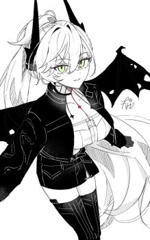 1girl bat_wings black_jacket black_thighhighs boots breasts cleavage fang fate/grand_order fate_(series) food green_eyes highres jacket kaduki_cosmo large_breasts lilith_(fate) lilith_(over_the_same_sky)_(fate) looking_at_viewer multicolored_hair neck_tattoo open_clothes open_jacket open_mouth pencil_skirt ponytail signature skirt tattoo thigh_boots thighhighs wagashi wings