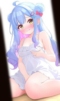 1girl ahoge bare_arms bare_shoulders between_legs blue_hair blush bow breasts colored_inner_hair curly_hair curly_sidelocks double_bun dress elephant_hair_ornament embarrassed eyelashes feet_out_of_frame female_masturbation frilled_dress frills grabbing_own_breast hair_bow hair_bun hair_ornament hand_between_legs hand_up heart heart_hair_ornament implied_masturbation kiyokura_meru_(vtuber) kudok87 long_hair long_sidelocks looking_at_viewer masturbation medium_breasts multicolored_hair nose_blush on_floor pink_hair raised_inner_eyebrows red_bow short_dress sidelocks sitting solo spaghetti_strap sundress virtual_youtuber wariza wavy_mouth white_dress wooden_floor yellow_eyes