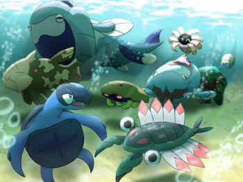 ^_^ air_bubble animal_focus anorith arctovish bubble claws closed_eyes closed_mouth commentary_request dracovish eji fish gen_1_pokemon gen_3_pokemon gen_5_pokemon gen_8_pokemon kabuto_(pokemon) lileep nintendo no_humans omanyte on_head open_mouth pokemon pokemon_(creature) pokemon_focus pokemon_on_head relicanth running sea_turtle smile swimming tentacles tirtouga turtle underwater