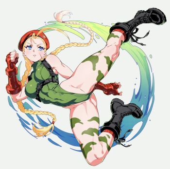 1girl absurdres ahoge atomicmrshmallw bare_legs beret black_boots blonde_hair blue_eyes boots braid breasts cammy_white commentary dynamic_pose english_commentary fingerless_gloves gloves green_leotard hat highres leotard light_blush long_hair parted_lips red_gloves red_hat solo street_fighter toned toned_female twin_braids twintails