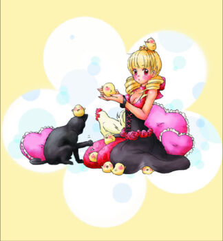 Rule 34 | 1girl, animal, baby animal, bird, black panther, blonde hair, blush, breasts, chick, chicken, cleavage, corset, crown, dress, drill hair, heart, heart-shaped pillow, in palm, mini crown, official art, panther, pillow, red eyes, rose bernstein, seiza, sitting, snk, the king of fighters, twin drills, twintails