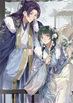 1boy 1girl beads blue_eyes blunt_bangs chinese_clothes chinese_hairpin coat fur-trimmed_coat fur_trim green_hair hair_beads hair_ornament half_updo highres jinshi_(kusuriya_no_hitorigoto) kusuriya_no_hitorigoto light_smile long_hair maomao_(kusuriya_no_hitorigoto) parted_bangs parted_lips pink_eyes purple_hair sidelocks snow upper_body wide_sleeves winter yuikisezu