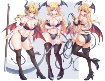 1girl absurdres arm_under_breasts ass back bat_wings bikini black_bikini black_shoes black_thighhighs blonde_hair blue_hair blush border bow_(weapon) bracer braid breasts butt_crack demon_girl demon_horns demon_tail demon_wings detached_collar gluteal_fold grey_background hand_on_own_knee high_heels highres holding holding_bow_(weapon) holding_scythe holding_weapon holding_whip horns large_breasts long_hair looking_at_viewer navel original parted_lips pointy_ears scythe shoes shoulder_blades sideboob simple_background standing swimsuit tail thighhighs thighs tong_shui weapon whip white_border wings