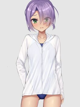 1girl blue_one-piece_swimsuit cafe_stella_to_shinigami_no_chou collarbone commentary_request competition_swimsuit eyes_visible_through_hair green_eyes grey_background highres hiuchidani_mei hood hooded_jacket jacket ncontrail_(mgax7527) one-piece_swimsuit purple_hair rash_guard short_hair solo standing swimsuit swimsuit_under_clothes white_jacket
