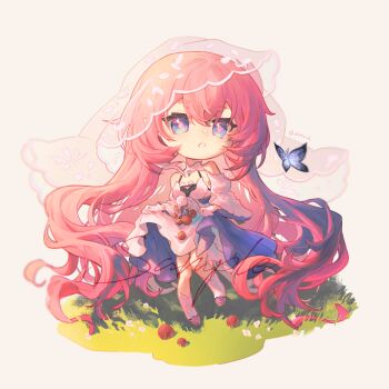 Rule 34 | 1girl, :o, alternate costume, anlimil, bare shoulders, blue butterfly, blue eyes, bug, butterfly, chinese commentary, commentary request, dress, elysia (honkai impact), grass, grey background, highres, honkai (series), honkai impact 3rd, insect, long hair, pink hair, see-through clothes, see-through veil, solo, veil, very long hair, white dress