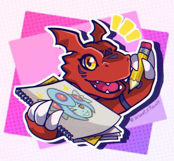 Rule 34 | artist name, claws, colored skin, dclaret, digimon, digimon (creature), guilmon, holding, holding notebook, holding pencil, looking at viewer, notebook, open mouth, orange eyes, pencil, red skin, solo, upper body