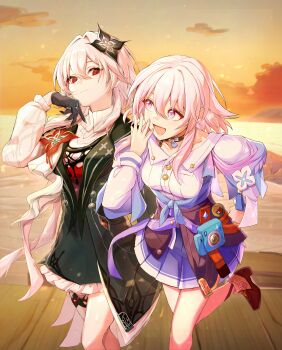 2girls :d absurdres black_gloves breasts buttons camera choker commentary_request dress earrings evernight_(honkai:_star_rail) flower gloves hair_flower hair_ornament highres honkai:_star_rail honkai_(series) jewelry layered_dress looking_at_another march_7th_(honkai:_star_rail) march_7th_(preservation)_(honkai:_star_rail) multicolored_eyes multiple_girls off_shoulder open_mouth overskirt pink_hair pleated_skirt red_eyes revision shirt shoes skirt smile strap syobonira thigh_strap two-tone_eyes