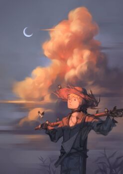 1boy absurdres bird black_eyes blonde_hair brown_hat cloud commentary crescent_moon cumulonimbus_cloud english_commentary grey_pants grey_shirt grey_sky hat highres long_sleeves looking_up lydialing_draws male_focus moon outdoors pants scarecrow scarecrow_(the_wizard_of_oz) shirt short_hair sky solo straw_hat the_wizard_of_oz