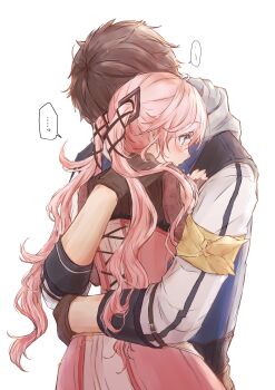 Rule 34 | 1boy, 1girl, absurdres, blue eyes, blue jacket, blush, brown hair, commentary request, couple, dress, eiyuu densetsu, hajimari no kiseki, highres, holding another's arm, hood, hooded jacket, hug, jacket, kuro no kiseki (series), nadia rayne, pink dress, pink hair, polly (cott), simple background, swin abel, twintails