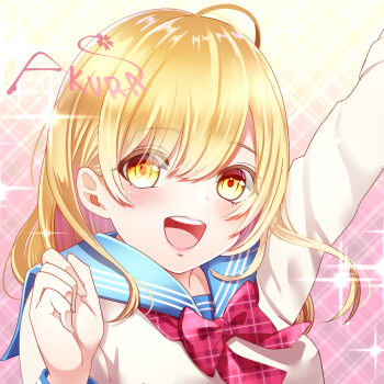 1girl :d arm_up blonde_hair blue_sailor_collar bow bowtie colored_inner_hair commentary_request hair_between_eyes highres looking_at_viewer multicolored_hair open_mouth original pink_hair plaid_bow plaid_bowtie plaid_clothes red_bow red_bowtie sailor_collar sakura_(0tjagjmgptjm) school_uniform serafuku shirt signature smile solo sparkle teeth tongue upper_teeth_only white_shirt yellow_eyes