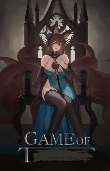 1girl a_song_of_ice_and_fire absurdres amagi_(azur_lane) amagi_(cv)_(azur_lane) amagi_(cv)_(throne_of_fallen_petals)_(azur_lane) animal_ear_fluff animal_ears artist_request azur_lane black_thighhighs breasts brown_hair cleavage dress evening_gown fox_ears fox_girl fox_tail full_body game_of_thrones highres hikimayu holding holding_staff kitsune kyuubi long_hair looking_at_viewer multiple_tails official_alternate_costume official_art parody poster_(medium) staff tail thighhighs throne