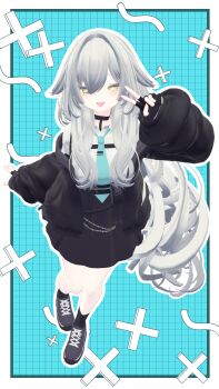 Rule 34 | 1girl, black gloves, black jacket, black shoes, blue necktie, collared shirt, fingerless gloves, fins, fish tail, fuyukivr, gloves, grey hair, hair intakes, highres, jacket, long hair, long sleeves, necktie, puffy sleeves, rurune (vrchat), shark girl, shark tail, shirt, shoes, simple background, skirt, sleeves past wrists, tail, v, vrchat, white shirt, yellow eyes