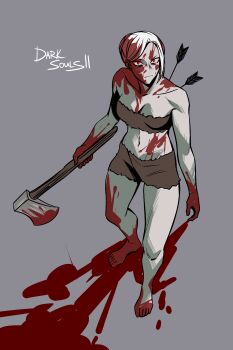 Rule 34 | 1girl, absurdres, arrow (projectile), arrow in body, axe, bandeau, barefoot, bearer of the curse, blood, blood on face, blood on feet, blood on hands, blood on stomach, blood splatter, breasts, brown bandeau, brown shorts, closed mouth, colored skin, commentary, copyright name, dark souls (series), dark souls ii, full body, grey background, grey skin, highres, looking at viewer, medium breasts, red eyes, shorts, solo, vonlianes, white hair