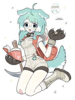 1girl ahoge animal_ears bandaid bandaid_on_cheek bandaid_on_face bandaid_on_knee bandaid_on_leg blue_eyes blue_hair blush bone_hair_ornament book boots borrowed_character breast_pocket breasts brown_boots brown_shoes commentary commission dog_ears dog_girl dog_tail english_commentary fang full_body glasses hair_ornament holding holding_book large_breasts looking_at_viewer medium_hair mole mole_under_mouth multicolored_hair original pickaxe pocket round_eyewear shoes short_shorts shorts simple_background solo tail taonoinu white_background white_hair